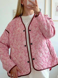 Kukombo Pink Print Flower Patchwork Warm Cotton Jacket Women O Neck Single Button Loose Coat 2024 Winter Fashion Female Street Outerwear