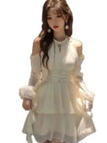 Kukombo Korea White Halter Hollow Out Off Shoulder Dresses Advanced Sense Waist Retraction Fantasy Gentle Short Lady's Clothes