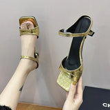 Kukombo Elegant Crocodile Gold Silver Mule Slippers Woman Luxury Square Toe Low Heel Sandals Ladies Summer Slip-on Buckle Dress Shoes
