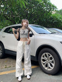 High Waist Straight Cargo Pants For Female Spring 2023 New Loose Wide Leg Pants American Street Drawstring Casual Korean Style