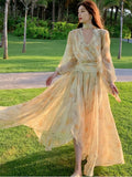 Kukombo Elegant V-neck Puff Sleeve Yellow Floral Dress Y2K Women Chiffon Waist-fitted Slim Long Dresses Korean Femme Clothings Summer