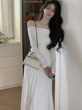 Kukombo Elegant Off Shoulder Knit Midi Dresses Women Autumn Long Sleeve Pleated Dress Slim Evening Party Female Clothing