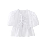 Kukombo Women's Summer Babydoll T-Shirt Solid Stripe Short Puff Sleeve Round Neck Tie-Up Front Peplum Tops blusa mujer moda