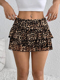 Kukombo Women Y2k Lace Mini Skirt Sexy Leopard Tiered Flowy Ruffle Half Slip Skirt Low Rise Layered Pleated Short Skirt Underskirt
