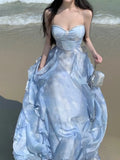 Kukombo Spaghetti Strap Korean Chic A-Line Ruffles Dresses for Women Summer Beach Style Party Prom Blue Dress One Piece Vestido Mujer