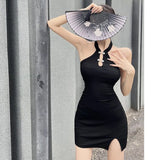 Kukombo Women's Dress Halter Solid Color Slim Sexy Sleeveless Dress Retro Clothing female
