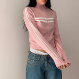 Kukombo Women Knitted Workout Jacket Lightweight Striped Print Casual Long Sleeve Zip up Cardigan for Outwear Streetwear