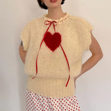 Kukombo Fashion Women's Heart Knitted Tops Drawstring Satin Bow Ribbed Short Sleeve Round Neck Cute Sweater Y2K Streetwear