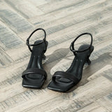 Kukombo 2024 New Black Ankle-Strap Buckle Sandals Summer Letter Rhinestone Square Toe Ladies Stiletto Heel High Heel Shoes