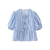 Kukombo Women's Summer Babydoll T-Shirt Solid Stripe Short Puff Sleeve Round Neck Tie-Up Front Peplum Tops blusa mujer moda