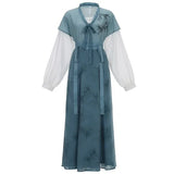 2024 Autumn Elegant Blue Bamboo Printed Long Sleeves Hanfu Dresses 3pcs Women's Improved Modern Casual Clothes Vestidos Chinos