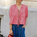 Kukombo Y2k Tie Front Peplum Short Sleeve Shirt Women Babydoll Ruffle Puff Sleeve Blouses Striped Ruffled Going Out Top