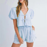 Kukombo 2 Piece Outfits Women Y2k Plaid Print Tie Front Short Sleeves Tops and Elastic Shorts Club Streetwear Fashion Clothes