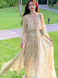 Kukombo Elegant V-neck Puff Sleeve Yellow Floral Dress Y2K Women Chiffon Waist-fitted Slim Long Dresses Korean Femme Clothings Summer