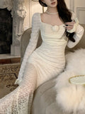 Kukombo Women Sexy Solid Lace Long Dresses Autumn Off Shoulder Bodycon Mermaid Spring Birthday Evening Party Prom Robe Vestidos New