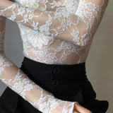 Kukombo White Sexy Lace Mesh T Shirt Long Sleeve Top Women Aesthetic Clothing Summer Floral Graphic Turtleneck See Through Women Tshirts