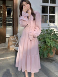 Kukombo French V Neck Lace-Up Long Dress for Women Elegant Lantern Sleeve Princess Party Prom A Line Loose Dresses Casual Vestidos Robe