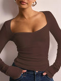 Kukombo Women's Square Neck Long Sleeve T Shirts Sexy Tops Lace Trim Slim Fit Tee Fall Tees Shirt Autumn Going Out Y2k Crop Tops