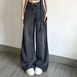 Kukombo Vintage Women High Waist Jeans Korean Casual Streetwear Loose Denim Wide Leg Pants Female All Match Straight Trousers