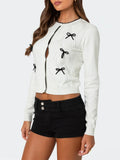 Kukombo Women Y2K Bow Graphic Knit Cardigan Long Sleeve Crew Neck Button Down Open Front Crop Sweater Top Lightweight Knitwear