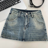 Kukombo Retro Women Denim Skirts American Casual Belt Mini Skirt Streetwear High Waist Female A Line Jeans Skirts Spring New