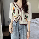 Kukombo Flower Embroidery Crochet Blouse with Chiffon Sleeve Button Front Cardigan Top Women Spring Summer Fairycore Cottagecore