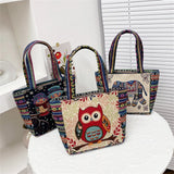 Kukombo Women Embroidered Tote Bag Retro Owl Elephant Printed Handbags Ladies Large Capacity Reusable Shopping Bag Female Shoulder Bag