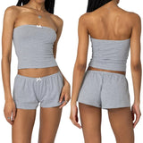 Kukombo Women Two Piece Outfits Y2k Boy Shorts Set Sleeveless Striped Crop Top Button Down Shorts Set Loungewear Pajamas Set Streetwear