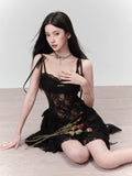 Women Black Gothic A-line Lace Luxury Dress Y2k Vintage Sleeveless Dress Vintage Elegant Party Club One Piece Frocks Emo Clothes