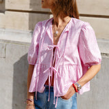 Kukombo Y2k Tie Front Peplum Short Sleeve Shirt Women Babydoll Ruffle Puff Sleeve Blouses Striped Ruffled Going Out Top