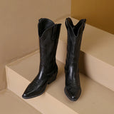 Kukombo Vintage Embroidered Western Women Cowboy Boots Winter 2023 Chunky Heel Shoes Fashion Pointed Toe Mid-Calf Knight's Boots