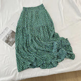 Kukombo Print Maxi Skirt Women's Green Chain Elastic Waist Tiered Flared Long Skirt Spring Summer Boho Vacation Beach Outfit