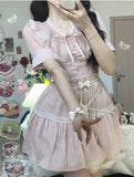 Cute Dress Mesh Patchwork Sweet Pink Short-Sleeved V-Neck Lolita Cosplay Costume Kawaii Japanese Girl Summer Dress For Women