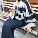 Kukombo Fashion Striped Sweater Cardigan With Scarf Female Loose Thin Hollow Knitted Top Lantern Sleeve Contrast Color Retro Top