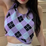 Kukombo Argyle Sweater Vest for Women Teengirl Halter Neck Backless Crop Knit Top Summer Y2K Cottagecore Preppy Outfit