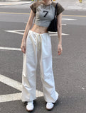 High Waist Straight Cargo Pants For Female Spring 2023 New Loose Wide Leg Pants American Street Drawstring Casual Korean Style