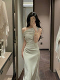 Kukombo Elegant Evening Party Satin Long Dresses for Women Summer Pink Birthday Robe Sexy Slash Sleeveless Slim Female Clothing