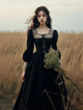 Kukombo French Hepburn Velvet Black Midi Dress Women Elegant Lace Long Sleeve Dress Sexy Court Retro Evening Party Y2k Dress 2023 Winter