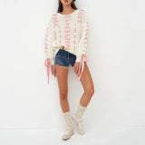Kukombo Women's Y2K Bow Tie Sweater Lace Up Ribbon Dec Long Sleeve Crew Neck Sweater Pullover 2000s Hollow Knit Jumper Top
