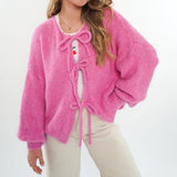 Kukombo Women Y2k Tie Front Knitted Cardigan Sweater Long Sleeve Open Front Oversized Cardigan Knitwear Tops Streetwear