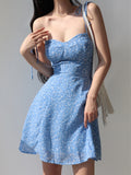 Kukombo Blue Flower Spaghetti Strap Vintage Dress Women Clothing Sleeveless Lace-up Fashion Summer Mini Womens Dresses Vacation Outfits