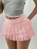 Kukombo Women Y2k Lace Mini Skirt Sexy Leopard Tiered Flowy Ruffle Half Slip Skirt Low Rise Layered Pleated Short Skirt Underskirt