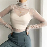 Kukombo See Through Mesh Top Women T Shirt Y2k Clothes for Women Korean Fashion Summer White Long Sleeve Turtleneck Woman T-shirts 2024