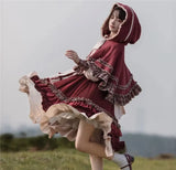 2024 HOT Sweet Girl Lolita Women Dress Vintage Patchwork Red Dress with Cloak Cute Female Bing Cosplay Little Red Riding Hood