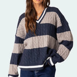 Kukombo Women Y2K Striped Sweater Vintage Aesthetic Preppy Sweater V Neck Long Sleeve Oversized Cable Knit Jumper Tops Streetwear