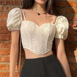 Kukombo White Sexy T Shirt Short Sleeve Y2k Vintage Crop Top Womens Clothing Lace-up Backless Lace T-shirts for Women 2024 Summer Outfit