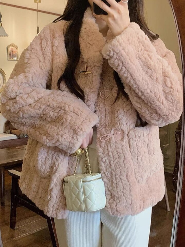 Kukombo Winter Warm Faux Fur Coat Women Patchwork Elegant Thick Fleece Overcoat Female Korean Fashion Bow Designer Wool Short Coat 2023