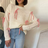 Kukombo Y2K Women Cute Bow Tie Pullover Sweaters Lightweight Comfy Long Sleeve High Neck Cable Knit Sweater Fall Winter Tops
