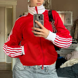 Kukombo Fashion Women's Mock Neck Jacket Zip Up Side Striped Long Sleeve Casual Fall Motorcycle Tops Y2K Retro Streetwear