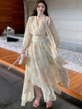 Kukombo Elegant V-neck Puff Sleeve Yellow Floral Dress Y2K Women Chiffon Waist-fitted Slim Long Dresses Korean Femme Clothings Summer